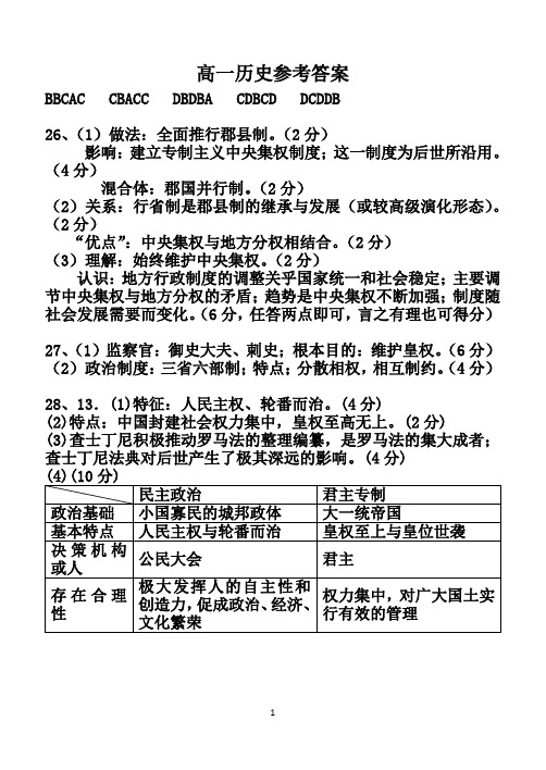 2018—2019学年度上学期高一第一次月考历史答案