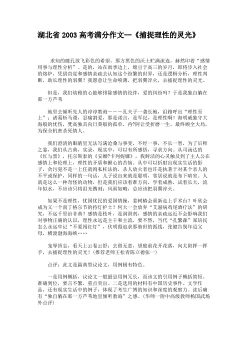 湖北省2003高考满分作文--《捕捉理性的灵光》