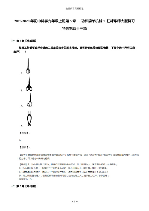 2019-2020年初中科学九年级上册第5章   功和简单机械1 杠杆华师大版复习特训第四十三篇