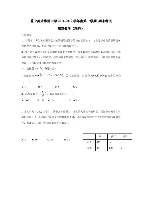 广东省普宁英才华侨中学2017届高三上学期期末考试数学(理)试题(附答案)$757102