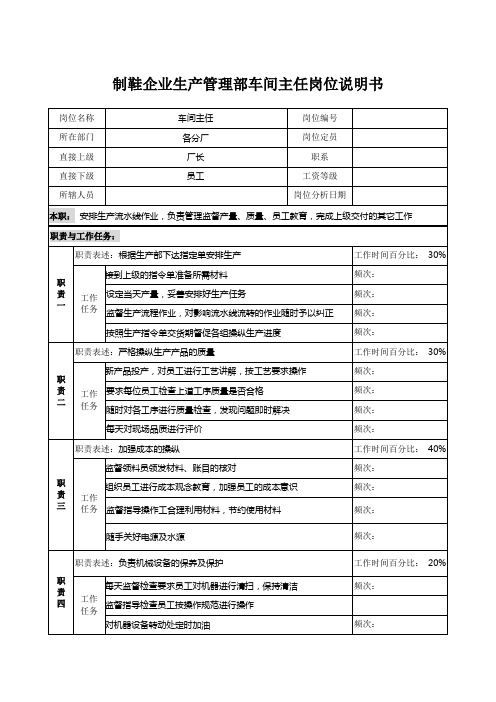 制鞋企业生产管理部车间主任岗位说明书.