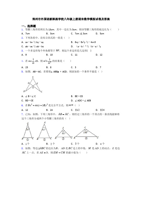 郑州市外国语新枫杨学校八年级上册期末数学模拟试卷及答案