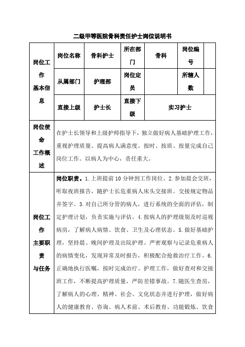 二级甲等医院骨科责任护士岗位说明书