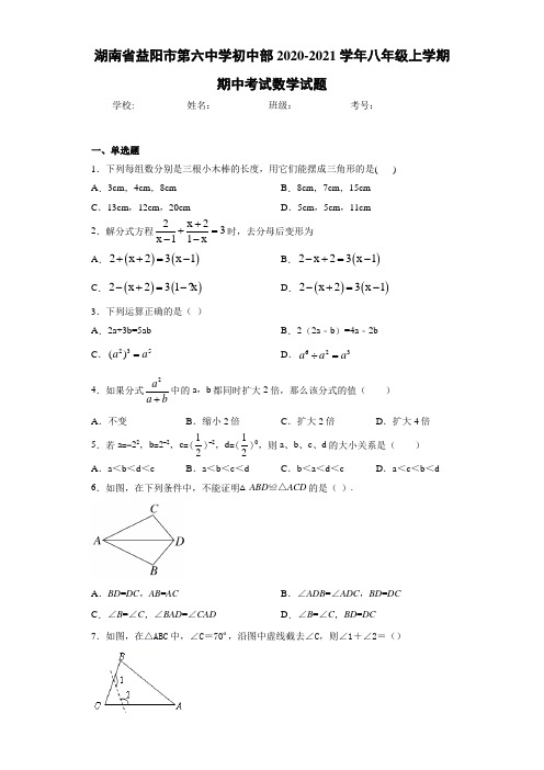 湖南省益阳市第六中学初中部2020-2021学年八年级上学期期中考试数学试题