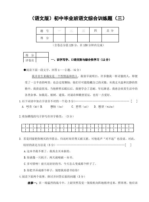 语文版初中毕业班语文综合训练题及参考答案三