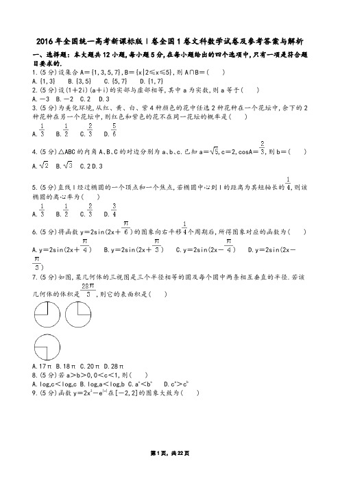 2016年全国统一高考新课标版Ⅰ卷全国1卷文科数学试卷及参考答案与解析