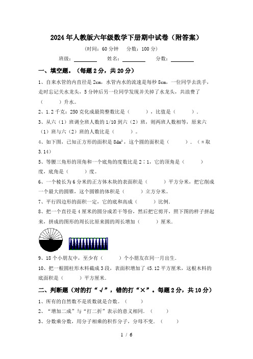 2024年人教版六年级数学下册期中试卷(附答案)