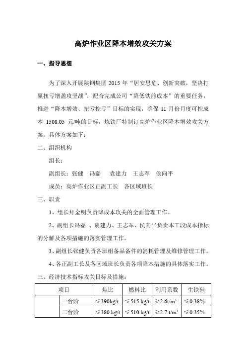 高炉作业区降本增效攻关方案