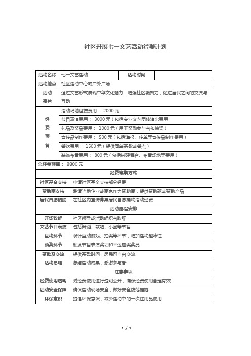 社区开展七一文艺活动经费计划