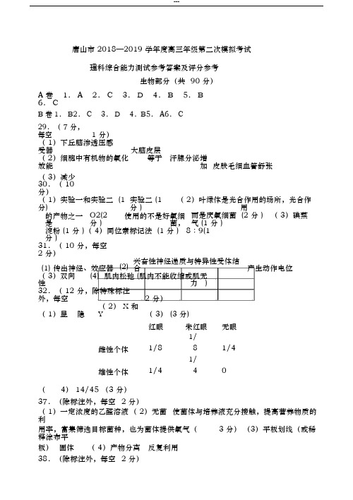 唐山市2018-2019学年度高三年级第二次模拟考试理科综合答案