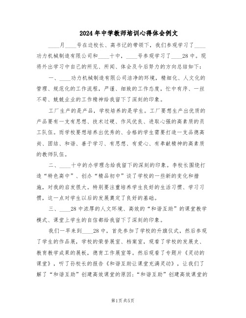 2024年中学教师培训心得体会例文（二篇）