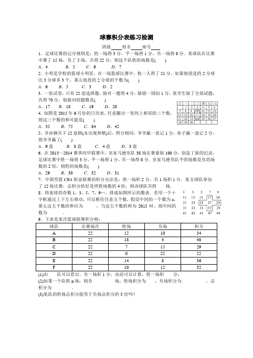 数学人教版七年级上册球赛积分检测练习