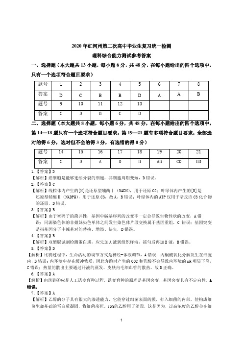 云南省红河自治州2020届高三第二次高中毕业生复习统一检测理综试题答案