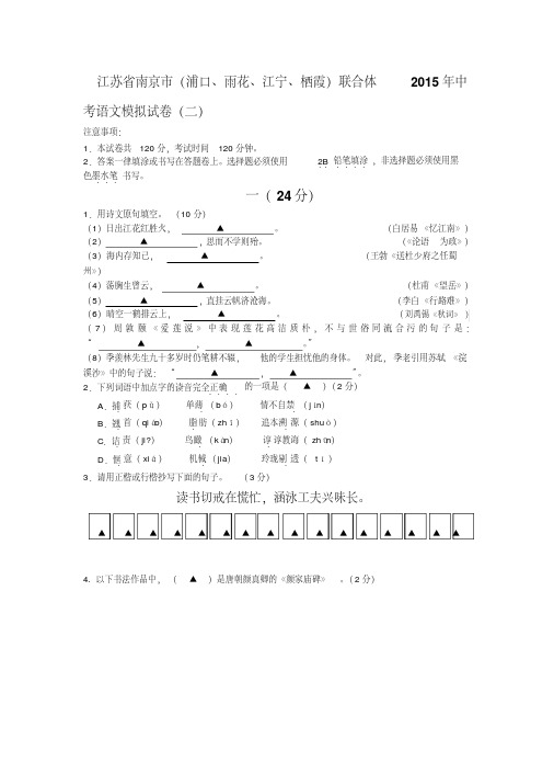 江苏省南京市(浦口、雨花、江宁、栖霞)联合体2015年中考语文模拟试卷(二)(含详细答案)