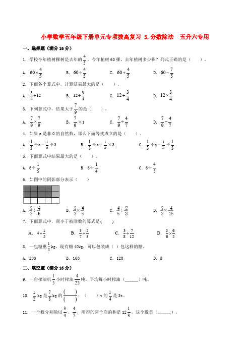 小学数学五年级下册单元专项拔高复习 5分数除法  五升六专用(北师大版含答案)