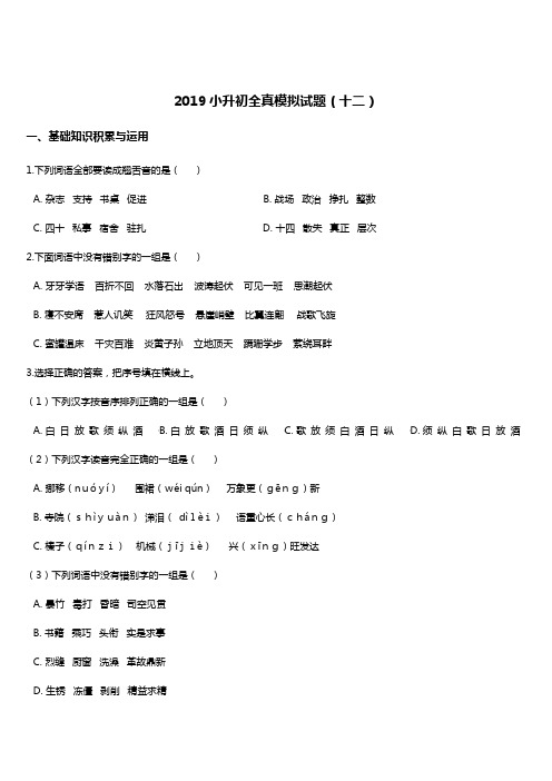 2019年小升初全真模拟语文试题(12) 人教新课标 含答案