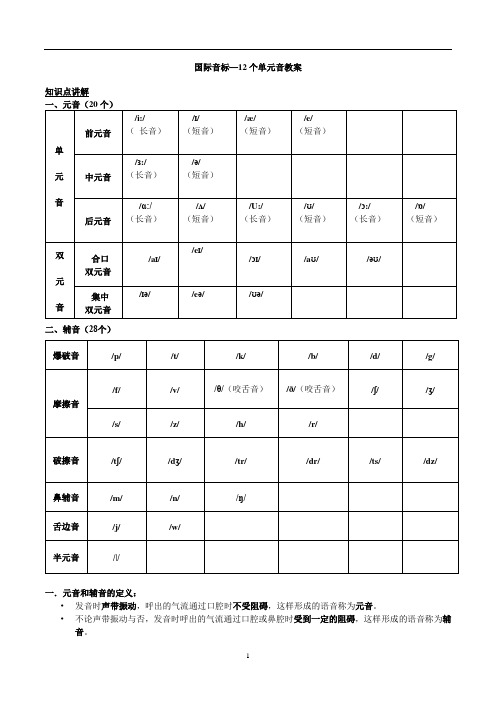 初中英语 暑假小升初国际音标--12个单元音教案