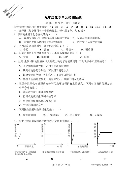 九年级化学单元检测试题(8、9单元)[