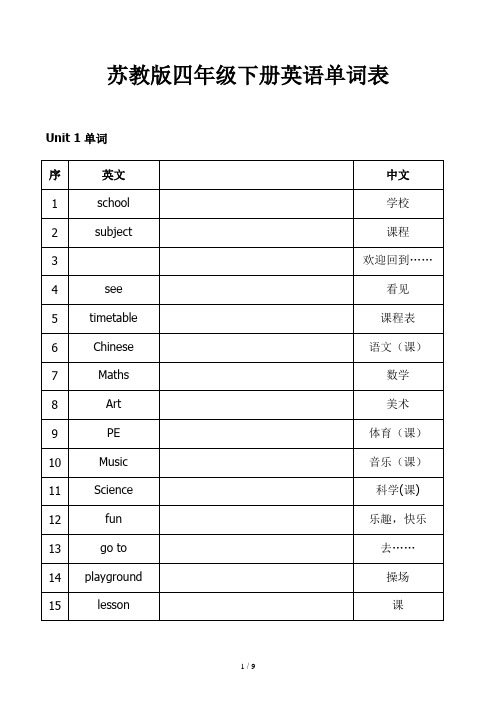 苏教版四年级下册英语单词表