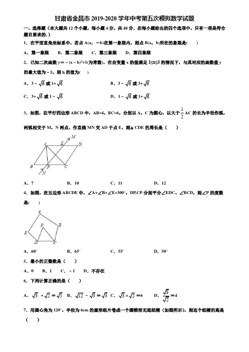 甘肃省金昌市2019-2020学年中考第五次模拟数学试题含解析