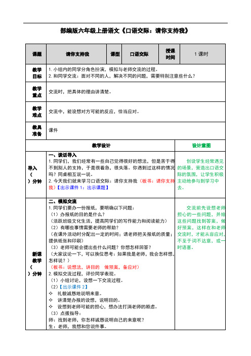 部编版六年级上册语文《口语交际：请你支持我》优秀教案