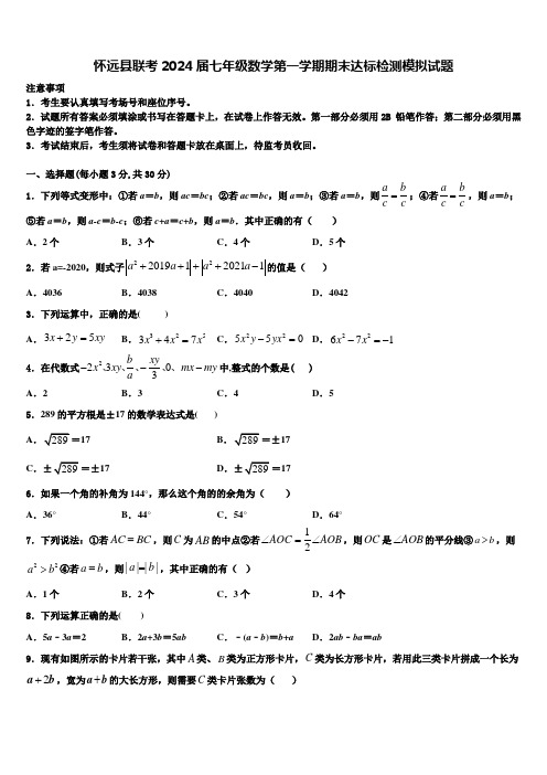 怀远县联考2024届七年级数学第一学期期末达标检测模拟试题含解析