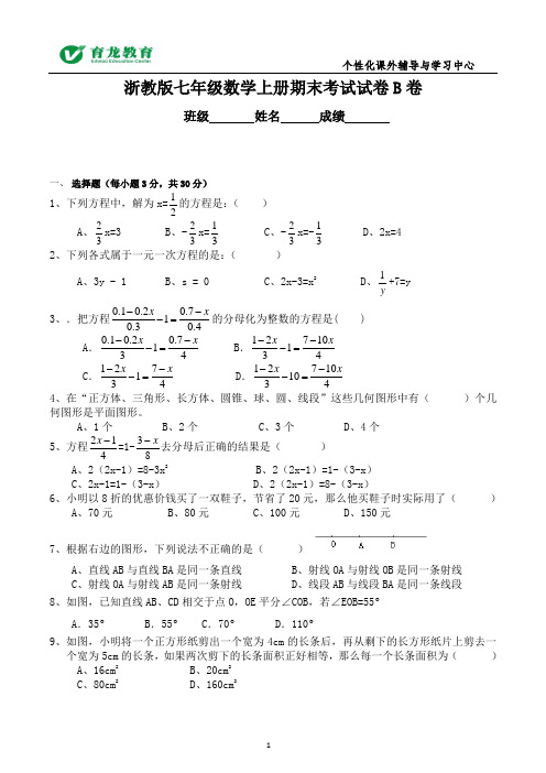 (word完整版)浙教版七年级数学上册期末考试试卷B卷含答案,推荐文档