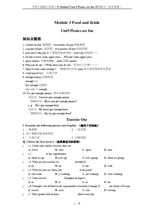 牛津上海版六年级上册Module3 Unit 9 Picnics are fun课时练习(包含答案)