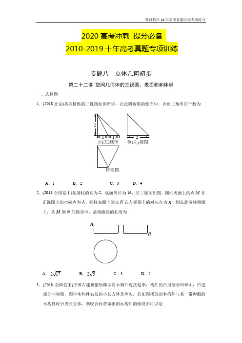 理科数学十年高考真题(2010-2019)专项训练-专题八 立体几何 第二十二讲 空间几何体的三视图、表面积体积