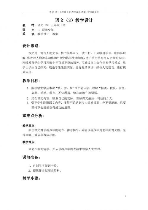 语文S版五年级语文下册19《顶碗少年》教案(教学设计、说课稿)e