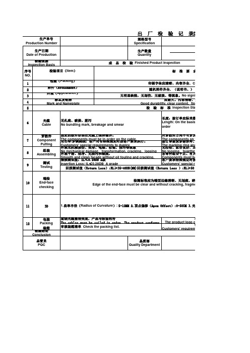 中英文出厂检验记录