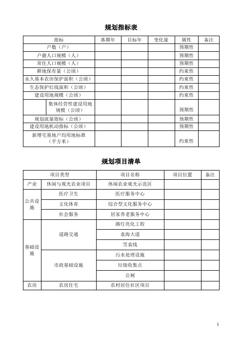 规划项目清单规划指标表格式