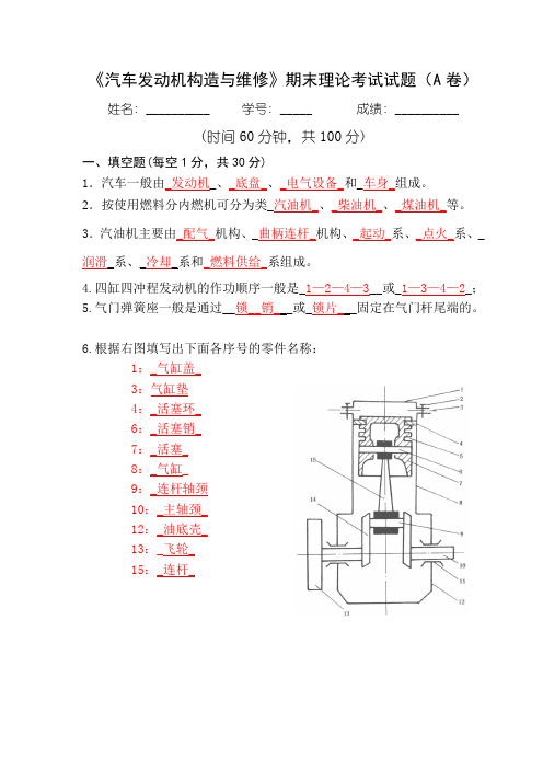 《汽车发动机构造与维修》-期终试题A答案