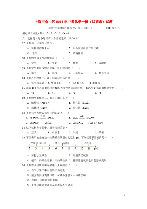 上海市金山区中考化学一模(即期末)试题