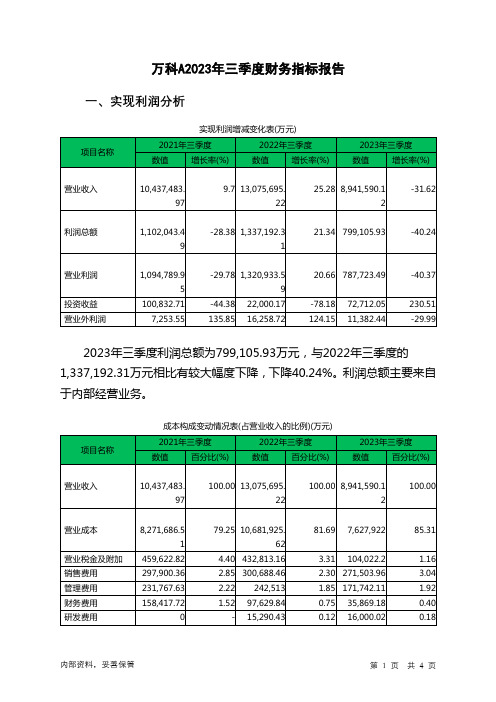 000002万科A2023年三季度财务指标报告