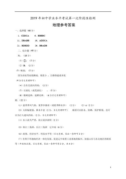 (冲刺)广东省中山市中山纪念中学、云衢中学等2019年初中学业水平考试第一次阶段性检测地理答案