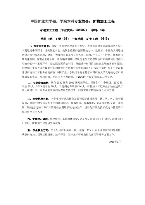 中国矿业大学银川学院矿物加工工程本科专业简介