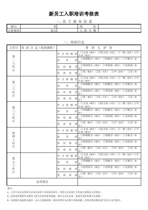 新员工入职培训考核表