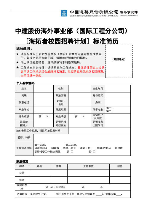 中建股份海外事业部标准简历