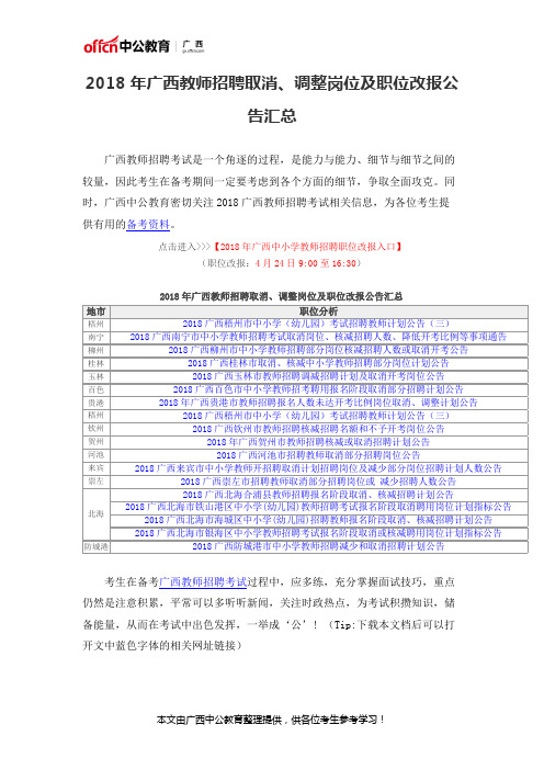 2018年广西教师招聘取消、调整岗位及职位改报公告汇总