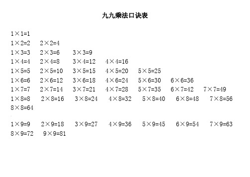 九九乘法口诀表(全word打印版)