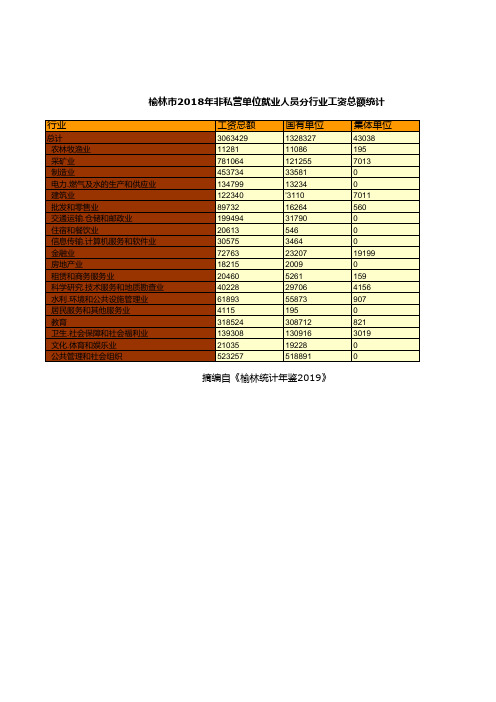 榆林市统计年鉴社会经济发展指标数据：2018年非私营单位就业人员分行业工资总额统计