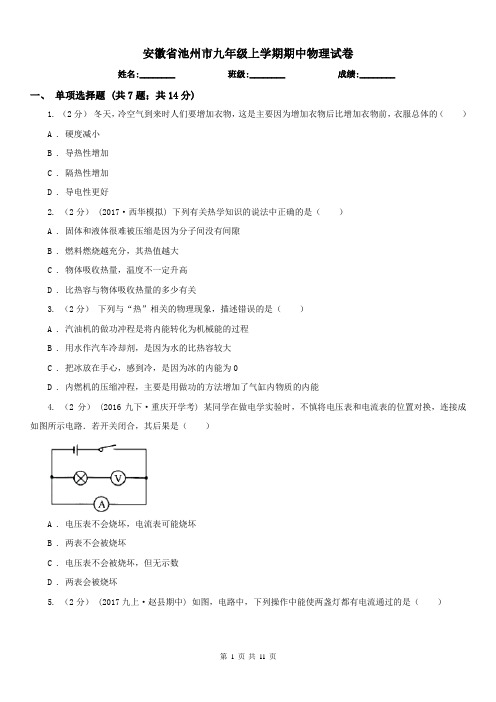 安徽省池州市九年级上学期期中物理试卷