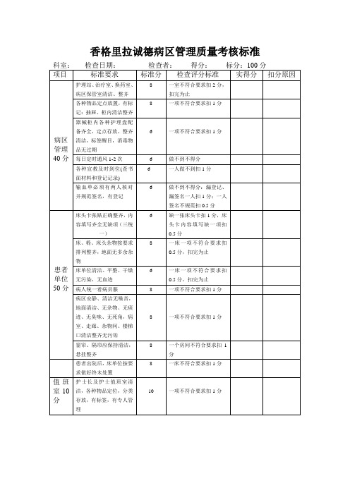 香格里拉诚德病区管理质量考核标准