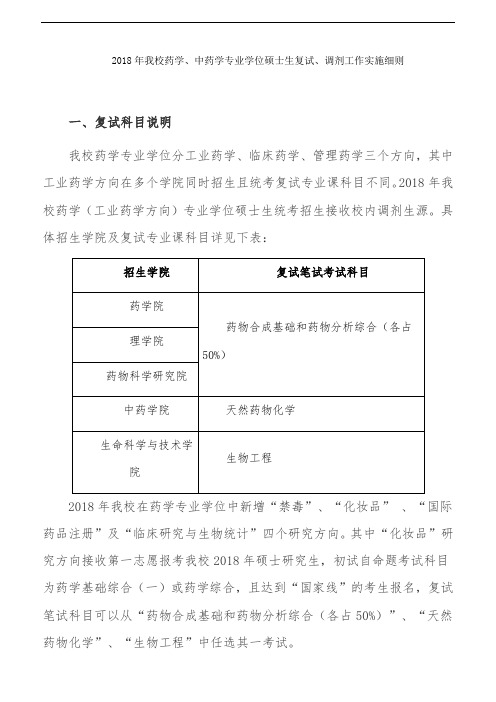 中国药科大学-2018年药学、中药学专业学位硕士生复试、调剂工作实施细则