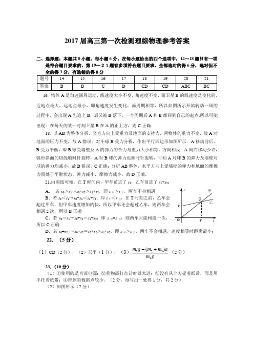 2017届高三第一次检测理综物理参考答案