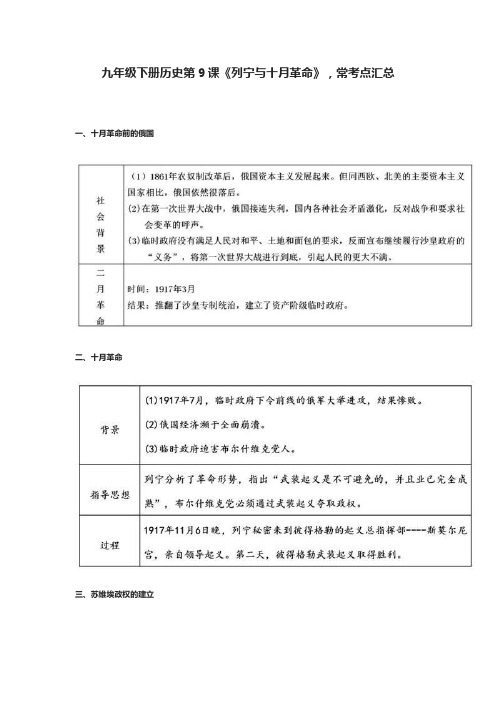 九年级下册历史第9课《列宁与十月革命》,常考点汇总