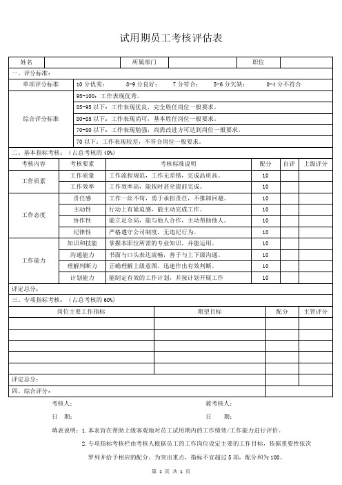 试用期员工考核评估表