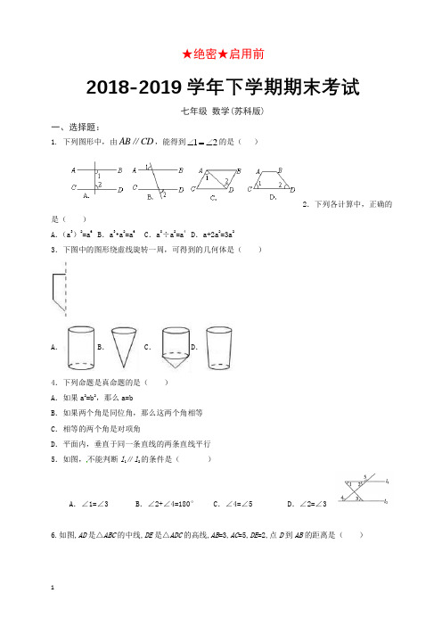 (苏科版)2018-2019学年七年级数学下学期期末考试试卷(含答案)