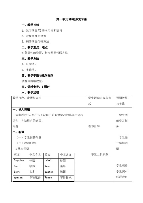 信息技术九年级人教新课标第一单元vb初步复习课教案